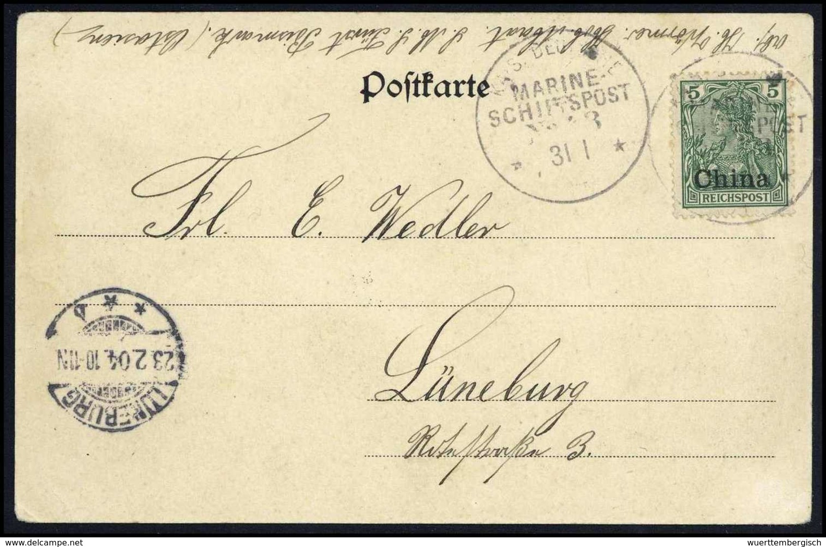 Beleg 5 Pfg., Tadellose Postkarte Mit Stempel K.D.MARINE-SCHIFFSPOST No.43 (Großer Kreuzer "Fürst Bismarck") 31/1 04 Auf - Autres & Non Classés