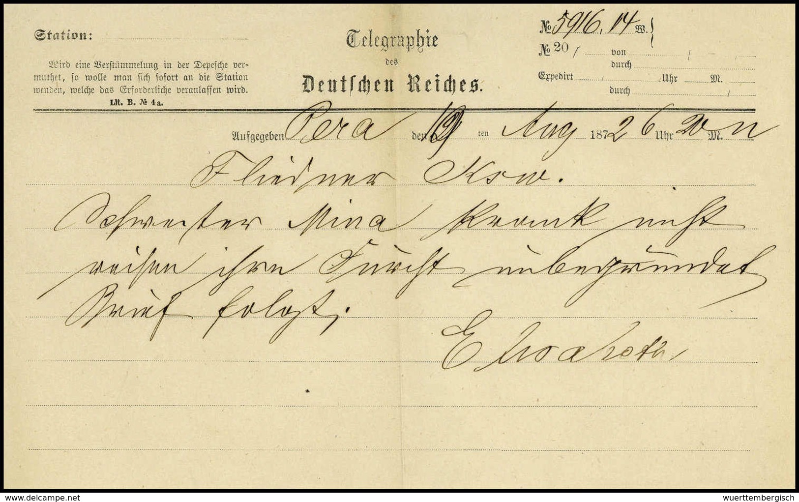 Beleg 1872, Telegraphie Des Deutschen Reichs Mit Aufgabevermerk "Pera 19/8 72". - Sonstige & Ohne Zuordnung