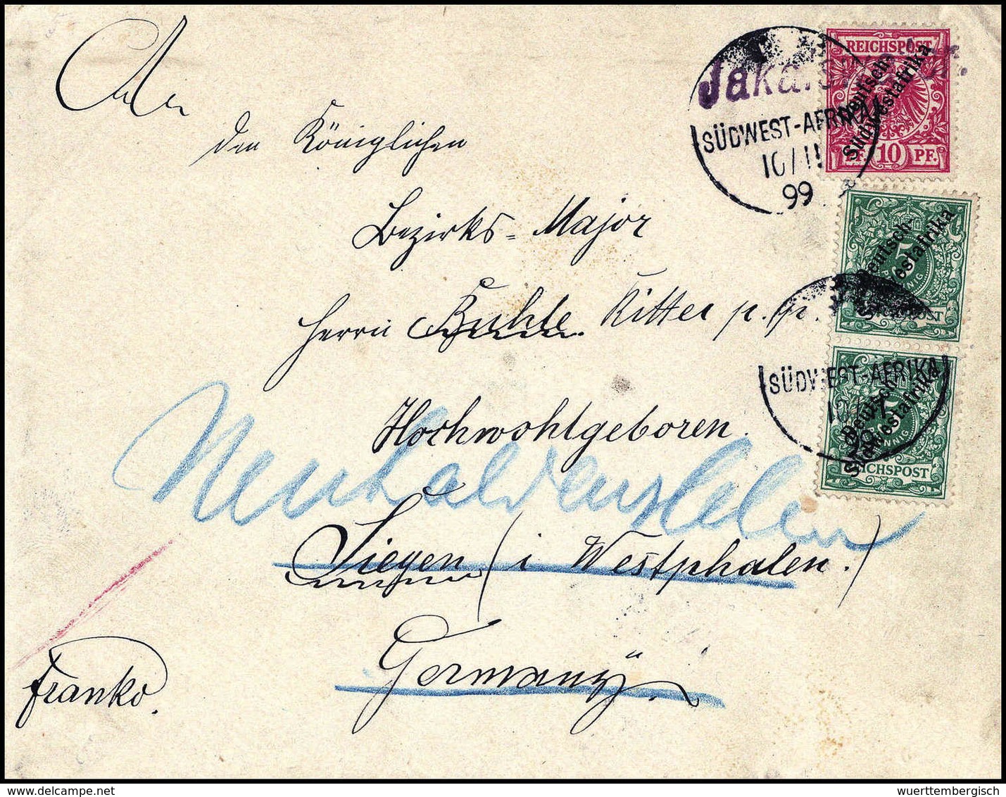 Beleg JAKALSWATER, Violetter Wanderstempel Vom 10/11 99 Auf Schönem Bedarfsbrief 5 Pfg.(2) Und 10 Pfg. Nach Dtld. Der Or - Autres & Non Classés