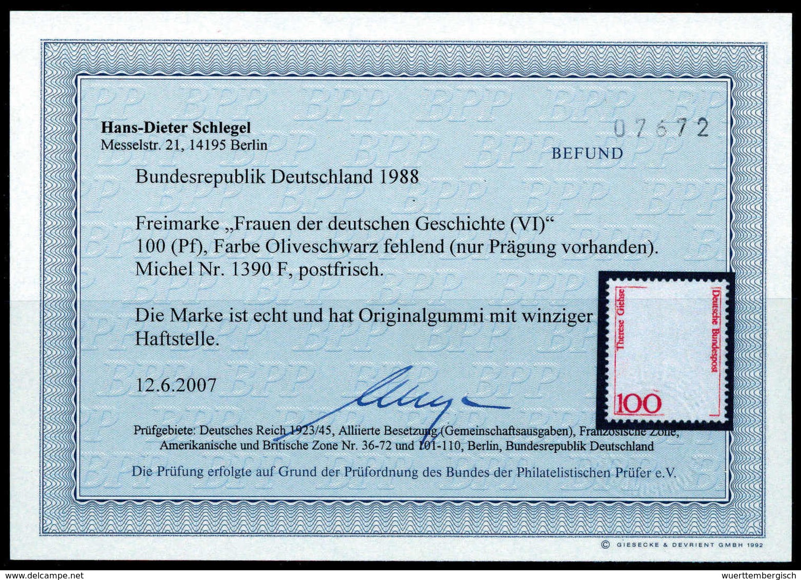 ** 100 Pfg., Abart: Farbe Olivschwarz Fehlend (nur Prägung Vorhanden), Postfr. (winz. Haftstelle), Fotobefund Schlegel B - Sonstige & Ohne Zuordnung