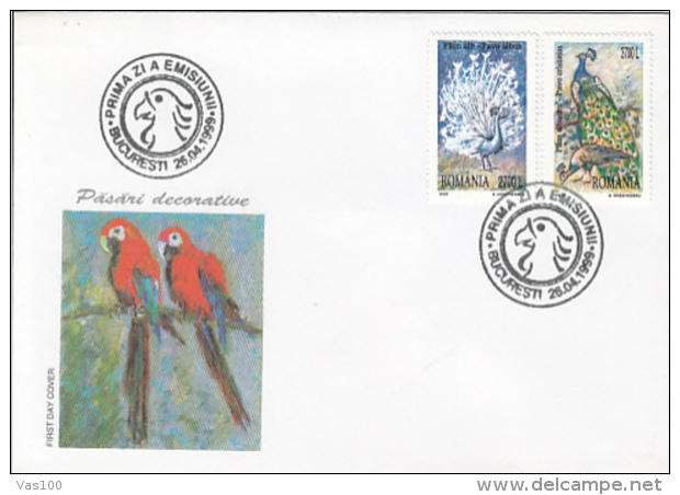 BIRDS, PEACOCK, PARROTS, COVER FDC, 1999, ROMANIA - Peacocks