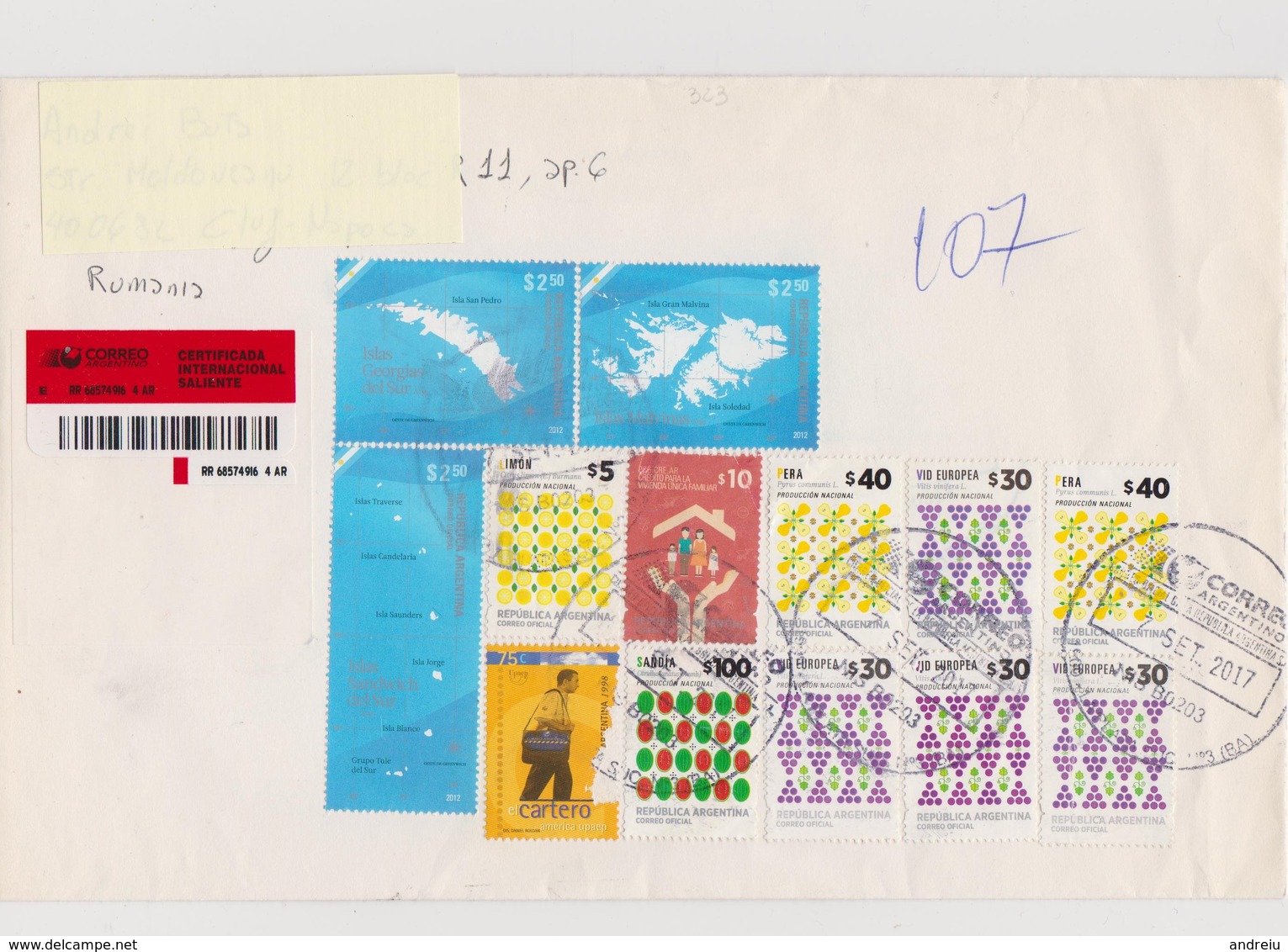 2017 Argentina - Nice Registered Cover Sent Romania,13 Stamps, Maps Full Set, Artisanat, Post, Stationery Entier - Briefe U. Dokumente