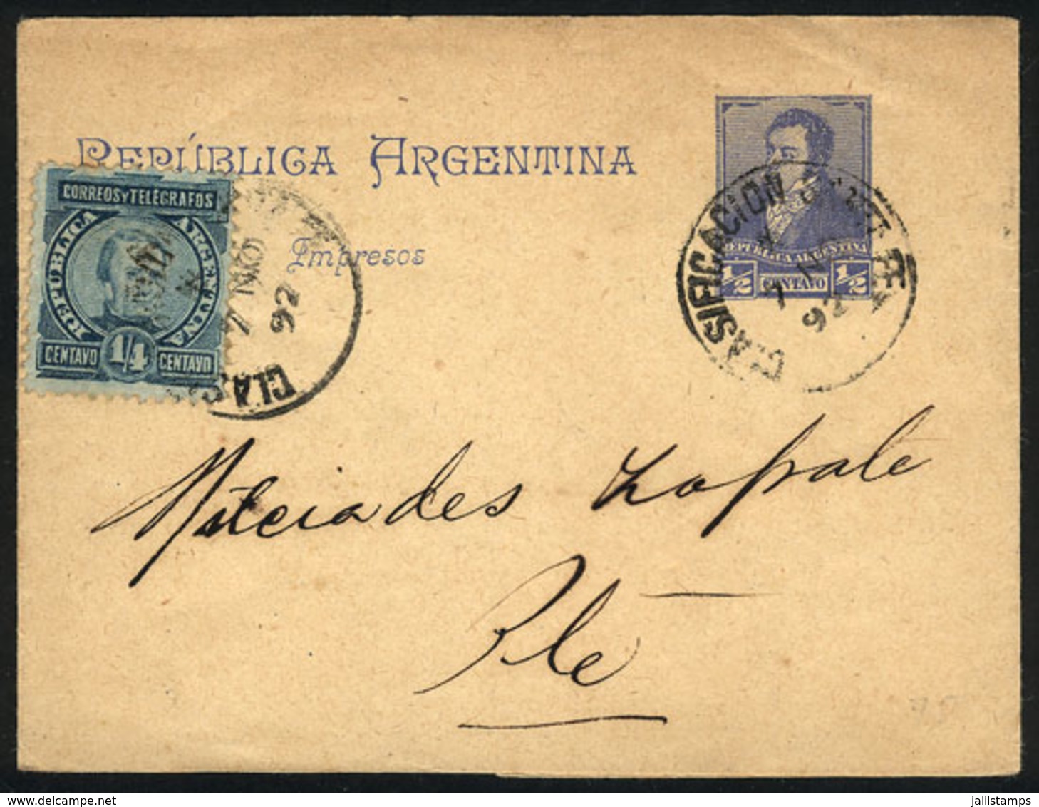 345 ARGENTINA: ½c. Rivadavia Wrapper + GJ.96 (¼c. Paz), Total Postage ¾c., Used Locally - Sonstige & Ohne Zuordnung