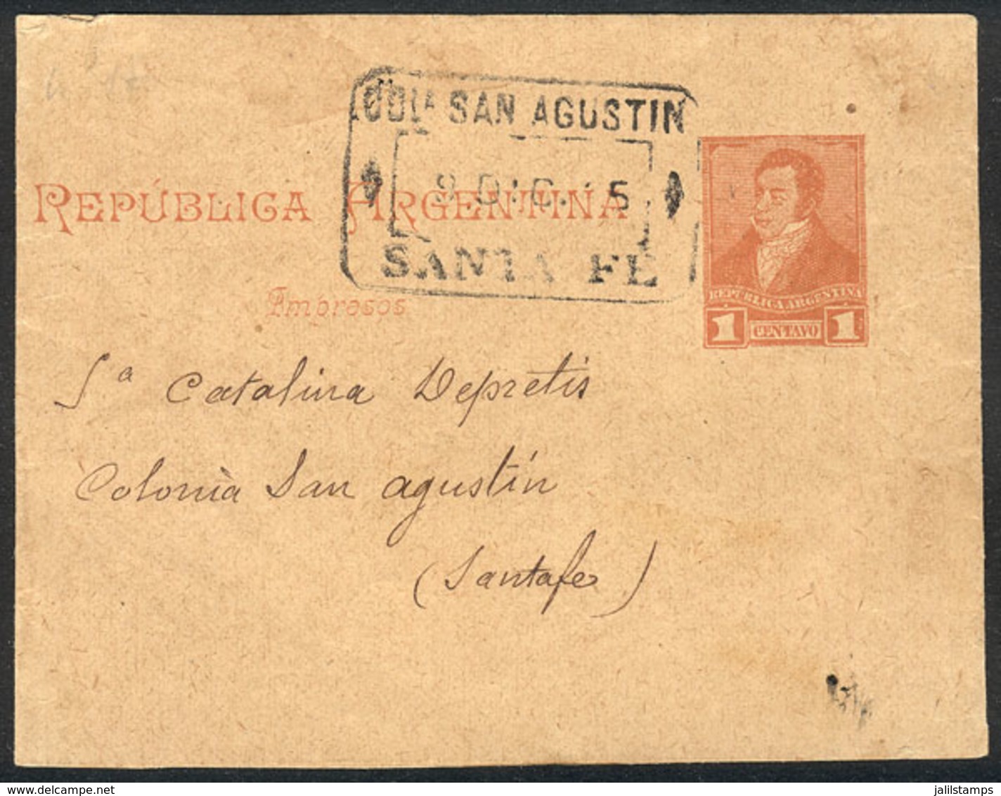 348 ARGENTINA: 1c. Rivadavia Wrapper With Rectangular Datestamp COLONIA SAN AGUSTÍN - SA - Sonstige & Ohne Zuordnung