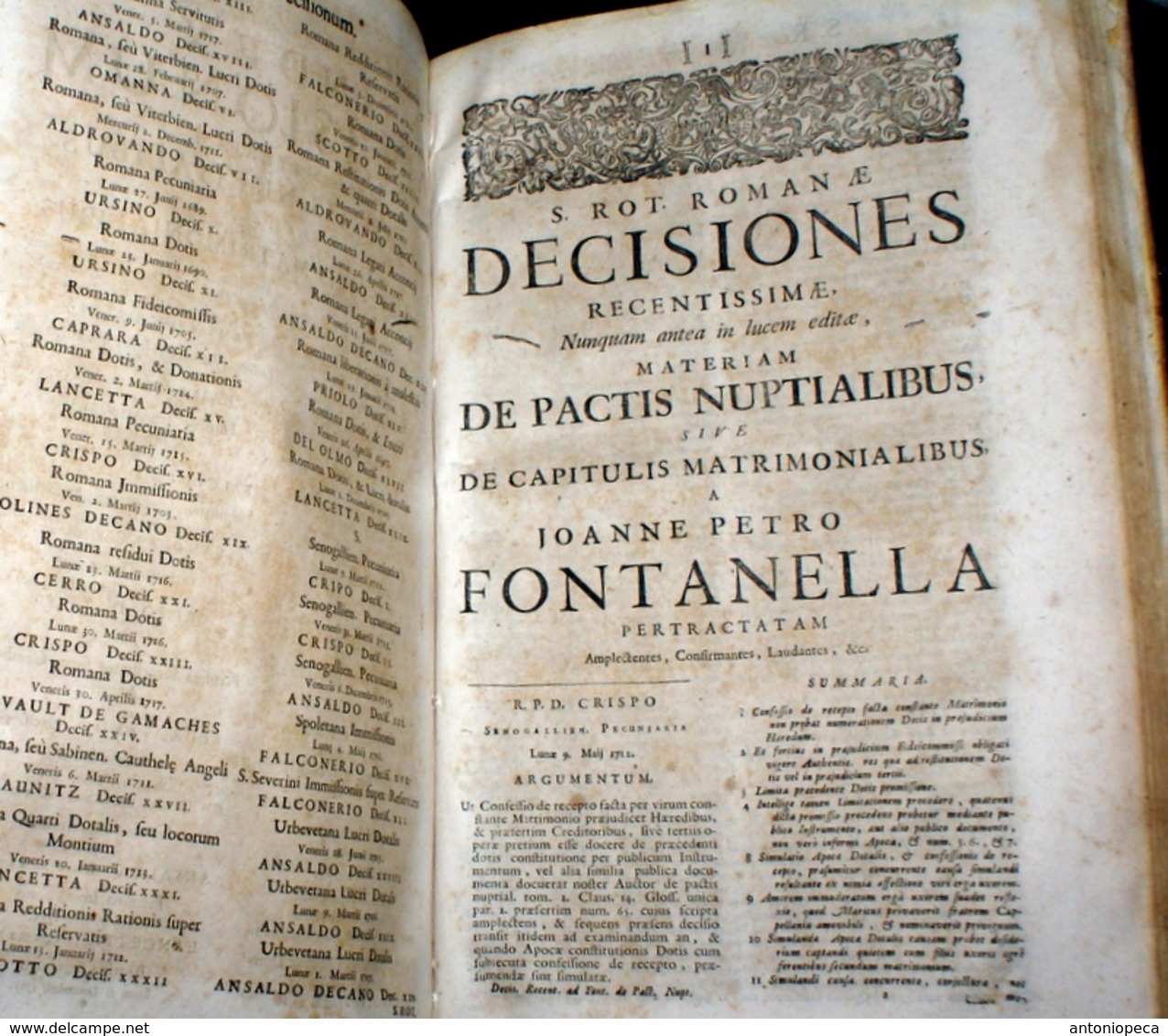 LIBRO DEL 1719 DI JONNIS PETRI FONTANELLA "TRACTATUS DE PACTIS NUPTIALIBUS"