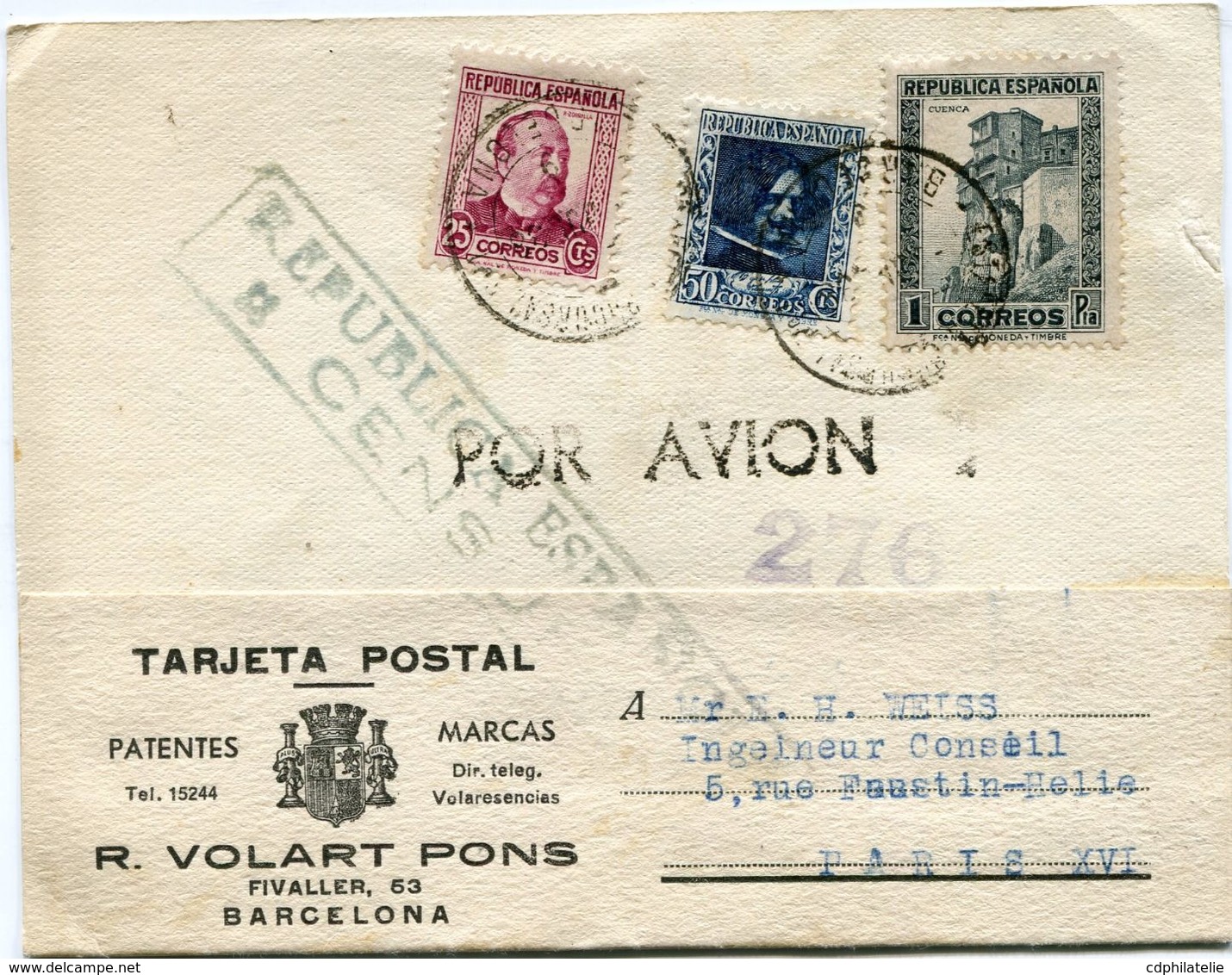 ESPAGNE CARTE POSTALE PAR AVION CENSUREE AVEC CACHET REPUBLICA ESPANA CENSURA DEPART BARCELONE 9-6-38 POUR LA FRANCE - Republicans Censor Marks