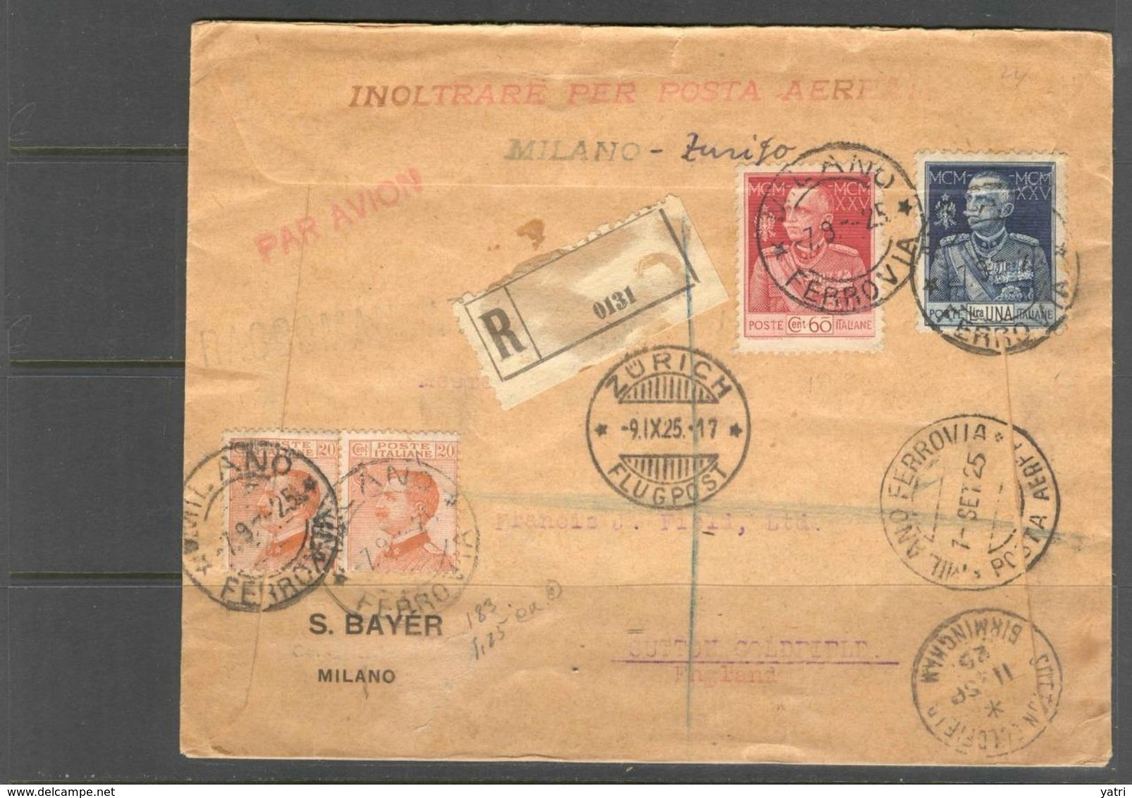 1925 - Milano / Zurigo -  Primo Volo Postale - Corriere Per Il Regno Unito - Marcophilie (Avions)