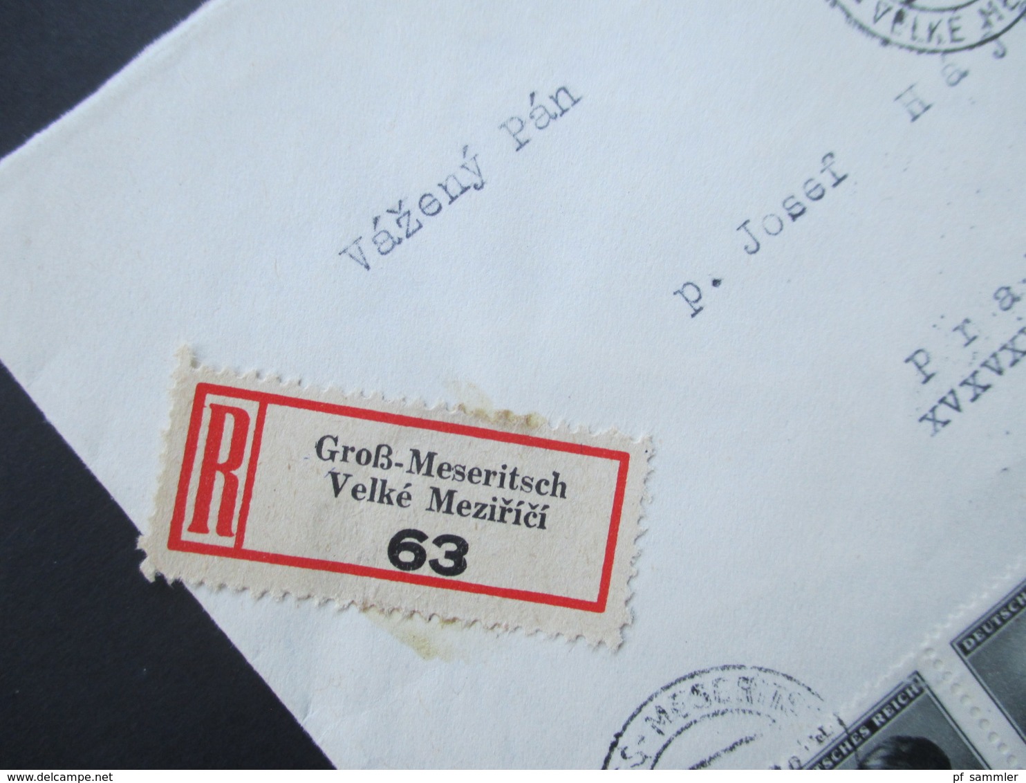 Böhmen Und Mähren 1945 MiF Einschreiben Groß - Meseritsch Velke Mezirici 63 Nach Prag! Mit Siegel! - Storia Postale