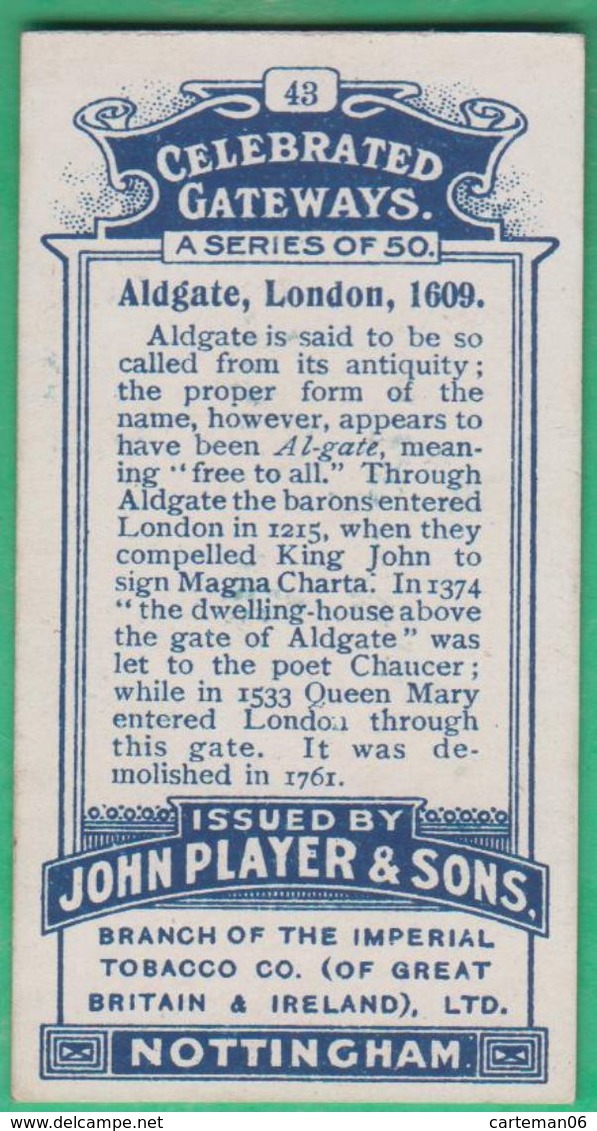 Chromo John Player & Sons, Player's Cigarettes - Celebrated Gateways - Aldgate, London, 1609 N°43 - Player's