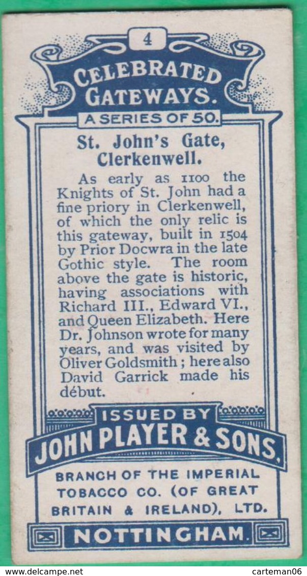 Chromo John Player & Sons, Player's Cigarettes - Celebrated Gateways - St. John's Gate, Clerkenwell N°4 - Player's