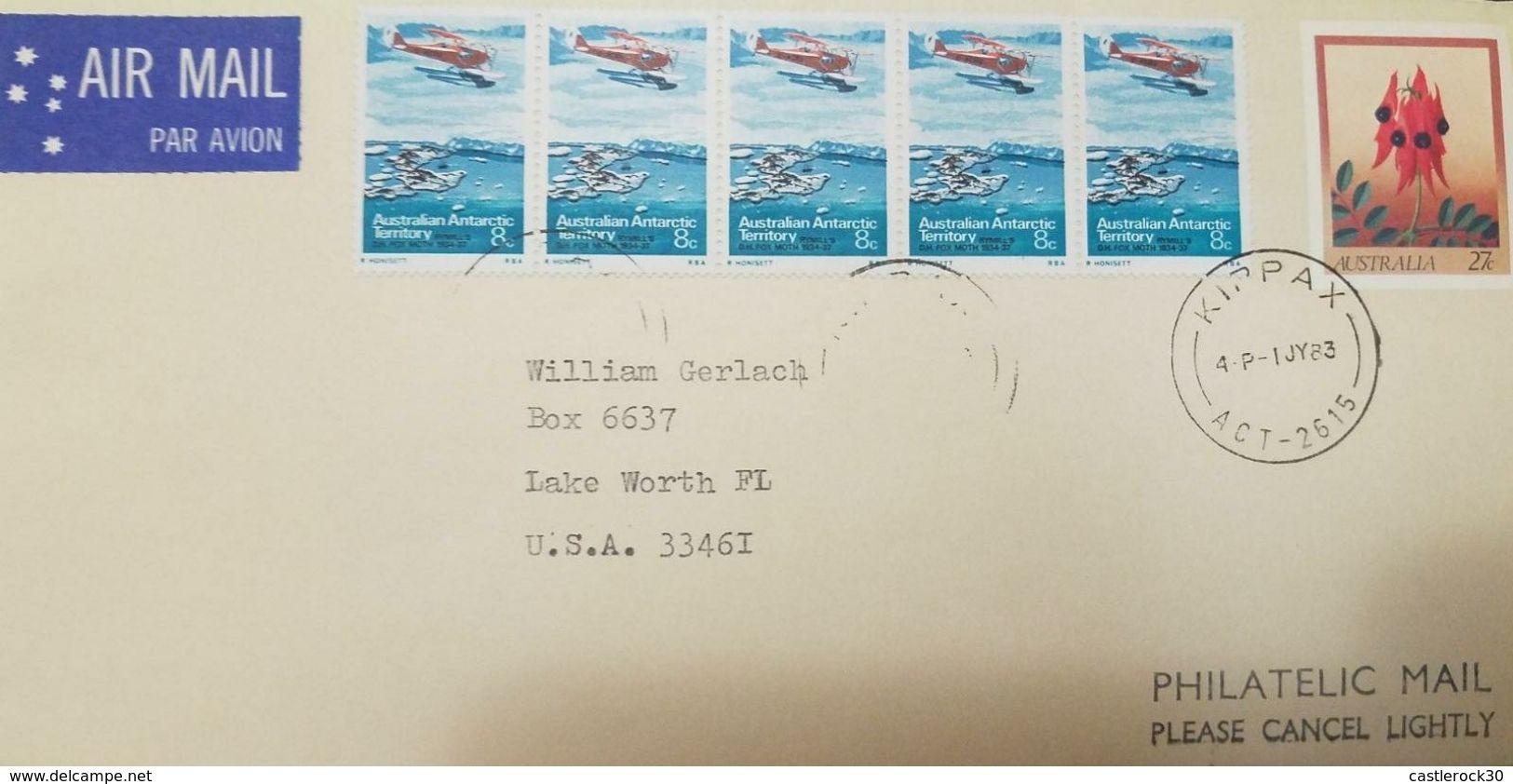 L) 1983 AUSTRALIAN ANTARCTIC TERRITORY, AIRPLANE, BLUE, 8C, ICE, FLOWER, NATURE, 27C, CIRCULATED COVER FROM AUSTRALIA TO - Lettres & Documents