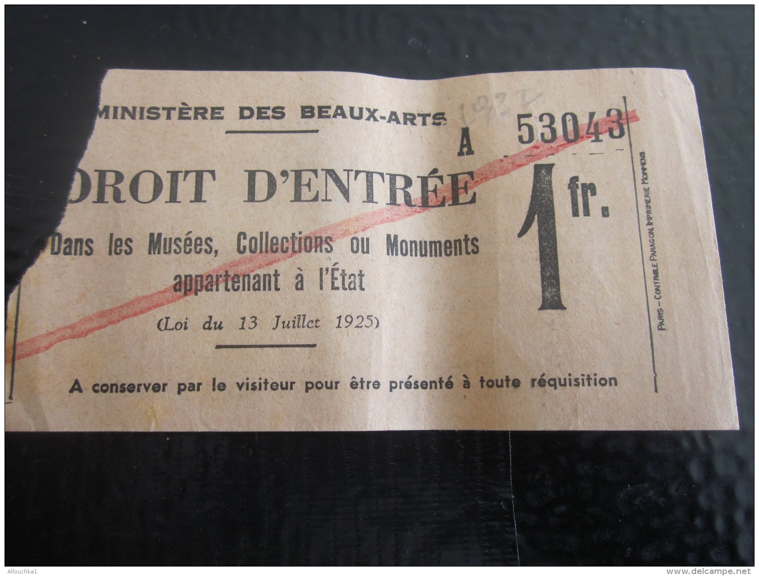 1937 Visite  Musée Du LOUVRE à PARIS  BILLET TICKET ENTREE ADMISSION BIGLIETTO DI ENTRADA - Toegangskaarten
