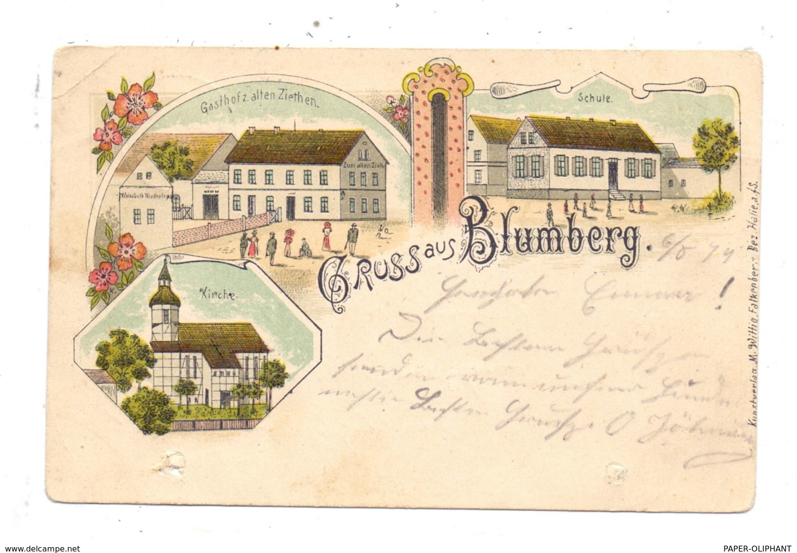 0-7291 ARZBERG - BLUMBERG, Lithographie, Gasthof Zum Alten Ziethen, Schule, Kirche,1899, Mängel - Torgau