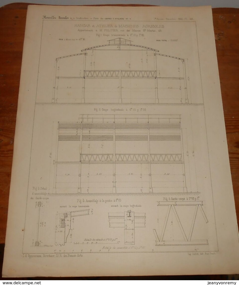 Plan D'un Hangar Et Atelier De Machines Agricoles De M. Peltier. 1861 - Public Works