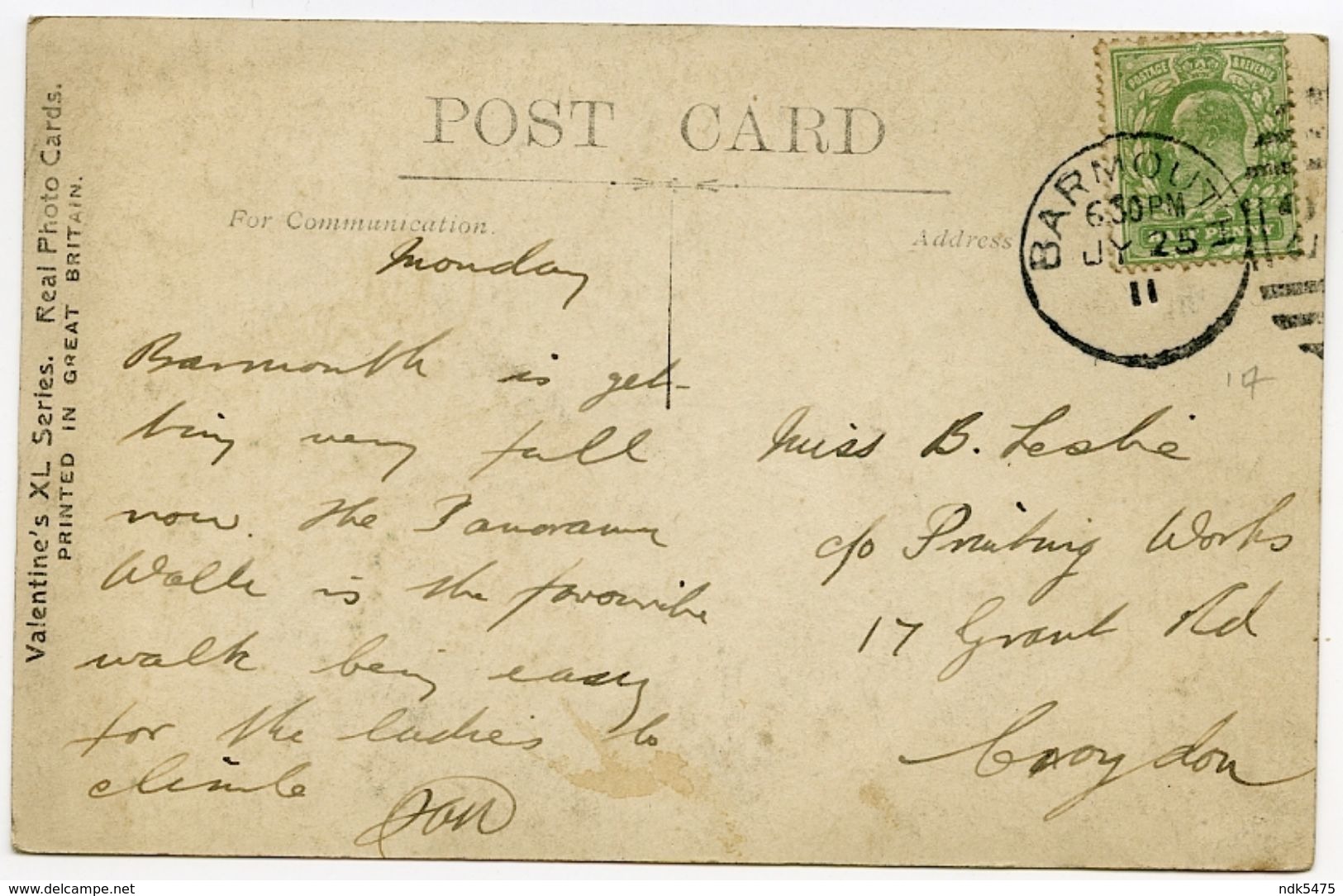 BARMOUTH : PANORAMA PATH / POSTMARK - BARMOUTH (DUPLEX) / ADDRESS - CROYDON, GRANT ROAD, PRINTING WORKS - Merionethshire