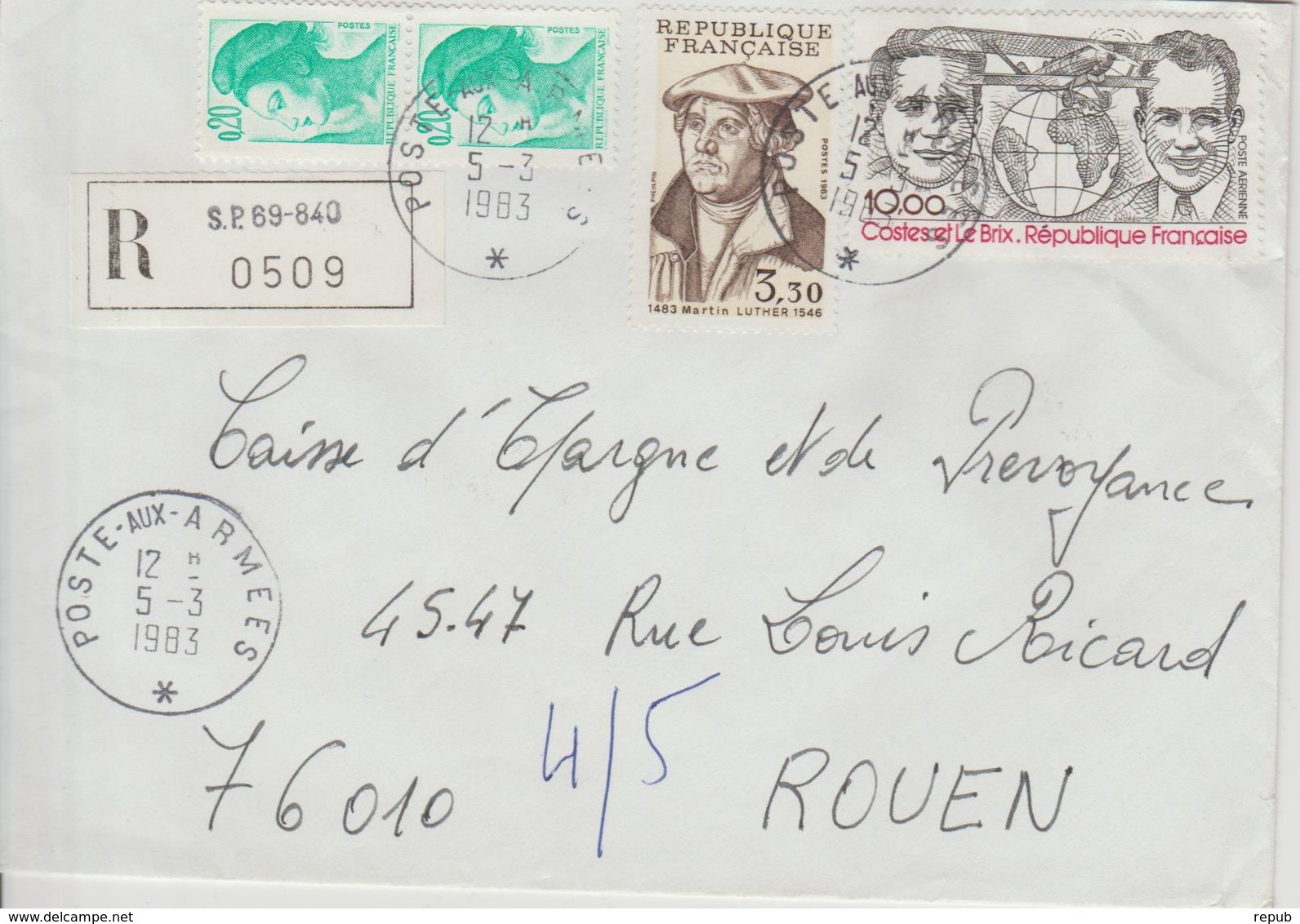 France Lettre Recommandée Année 1983 SP69-840 Pour Rouen - Militaire Stempels Vanaf 1900 (buiten De Oorlog)