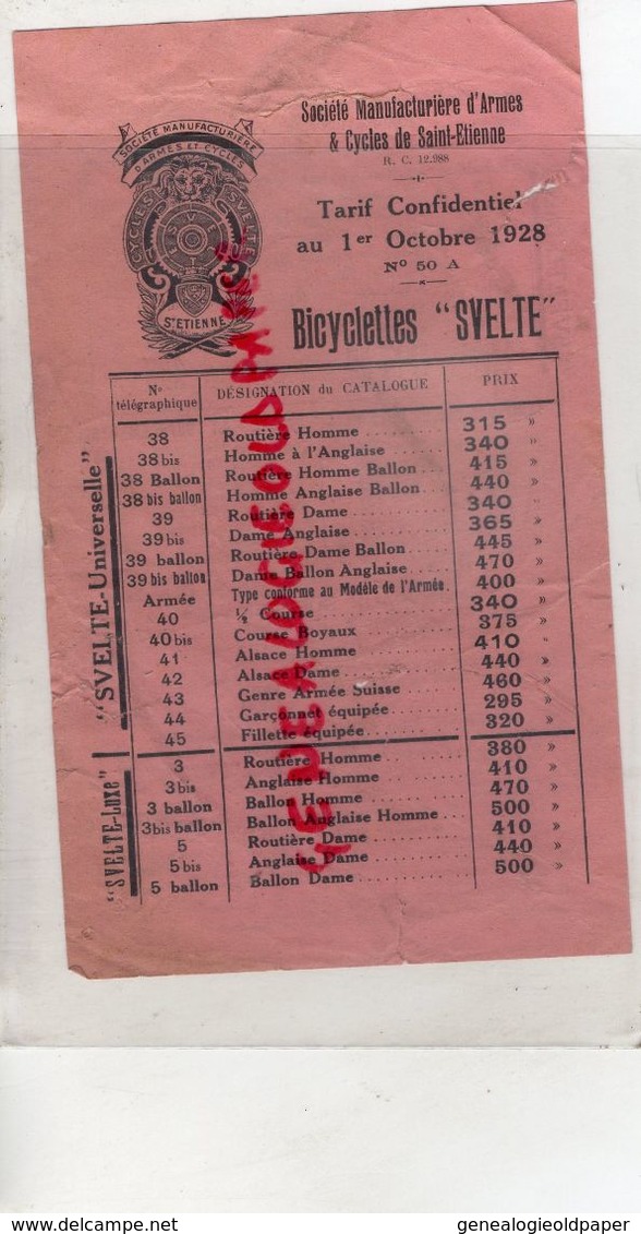 42-ST  SAINT ETIENNE- RARE TARIF CONFIDENTIEL 1928- CYCLES SVELTE-STE MANUFACTURIERE ARMES -VELO CYCLISME - Verkehr & Transport
