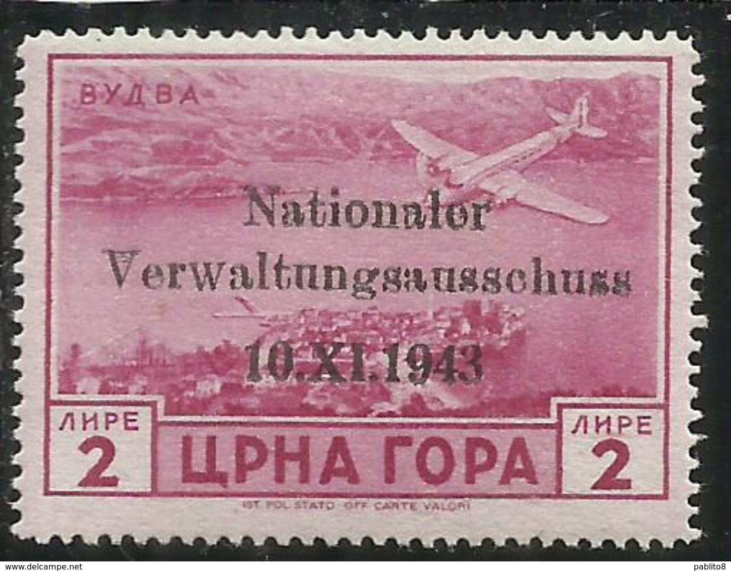 MONTENEGRO TEDESCA  CETTIGNE 1943 SERTO DELLA MONTAGNA SOPRASTAMPATO POSTA AEREA AIR MAIL 2 LIRE MNH FIRMATO SIGNED - Deutsche Bes.: Montenegro