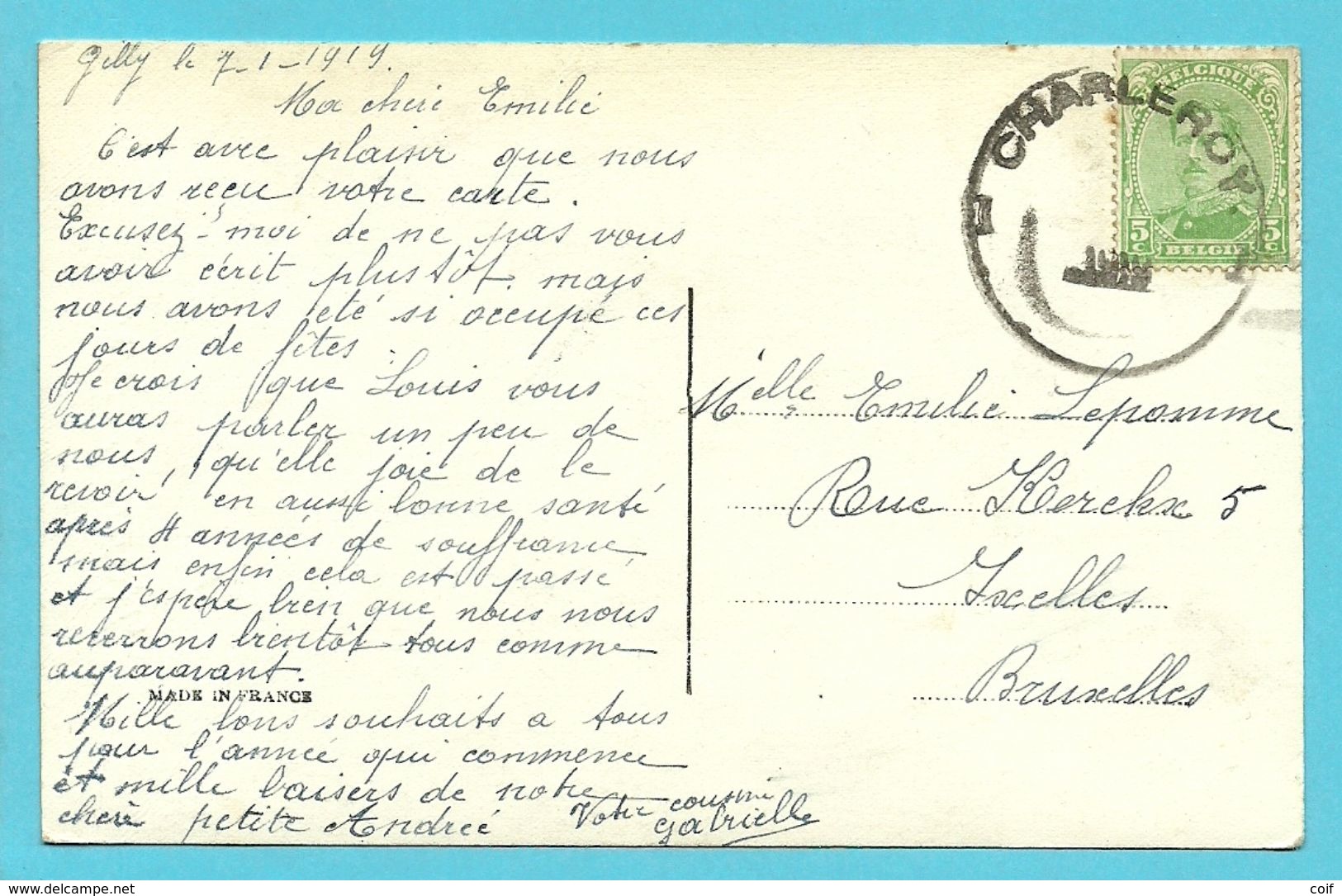 137 Op Kaart Met DUPLEX-stempel CHARLEROY 1 (noodstempel) - Noodstempels (1919)