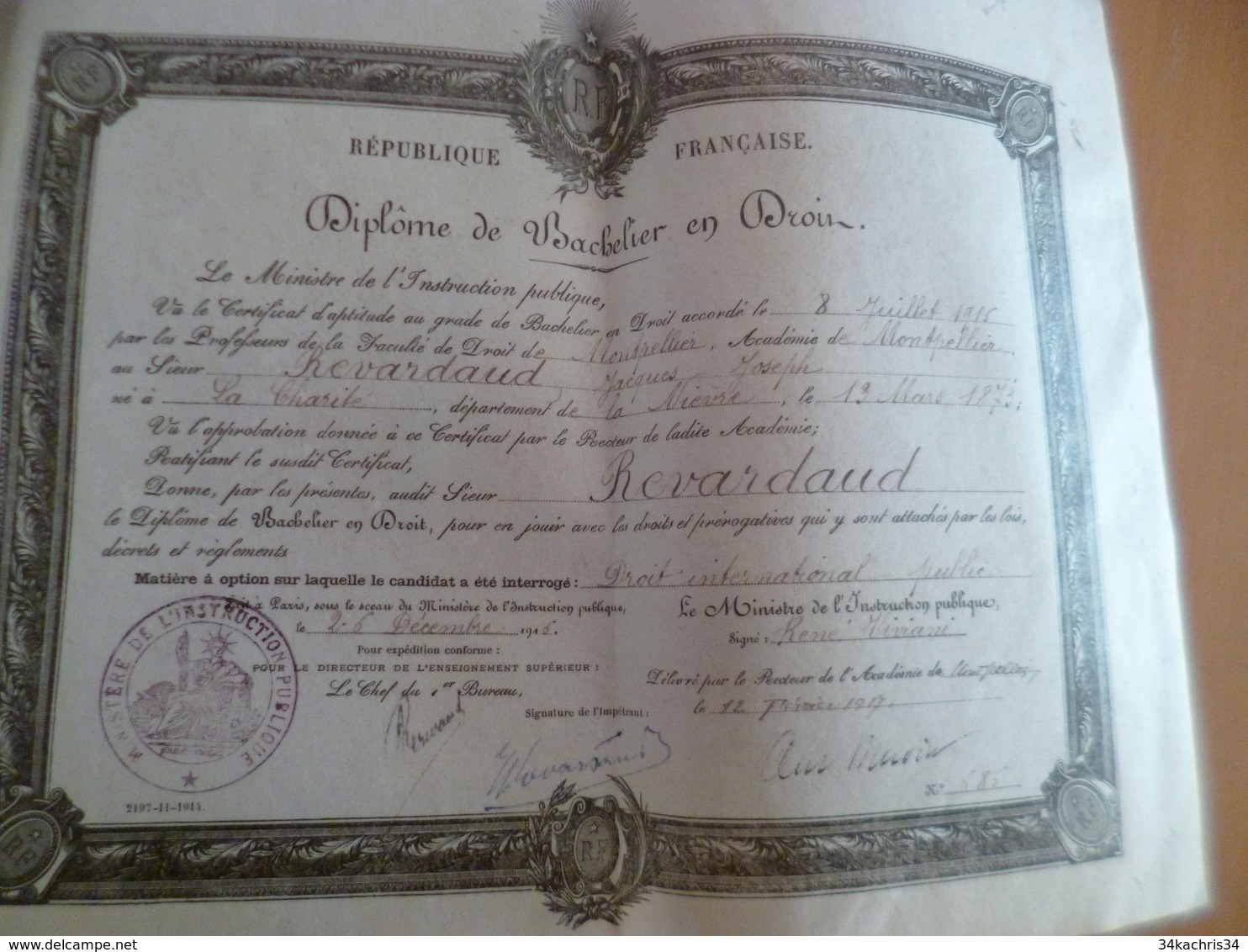 Diplôme Velin Bachelier  En Droit Montpellier 1917 Revardaud 30 X 23.5 Cm Environs - Diplômes & Bulletins Scolaires