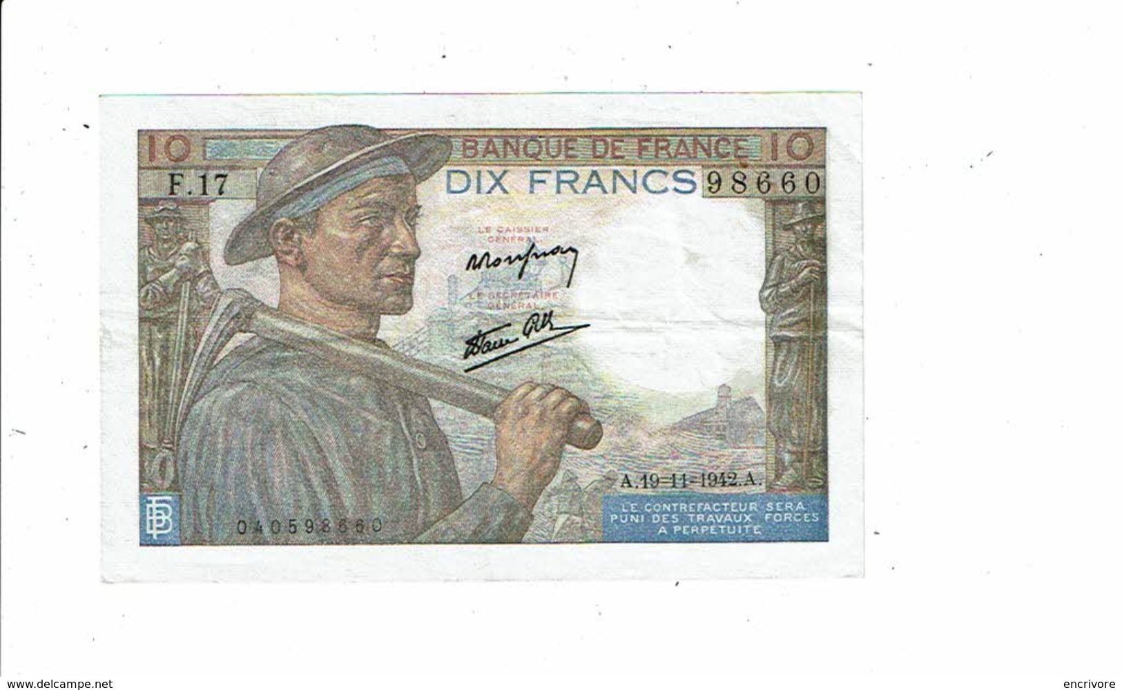 Banque De France Billet Dix 10 Francs Type Mineur 1942 - F17 98660 Femme Bébé Boeufs - 10 F 1941-1949 ''Mineur''