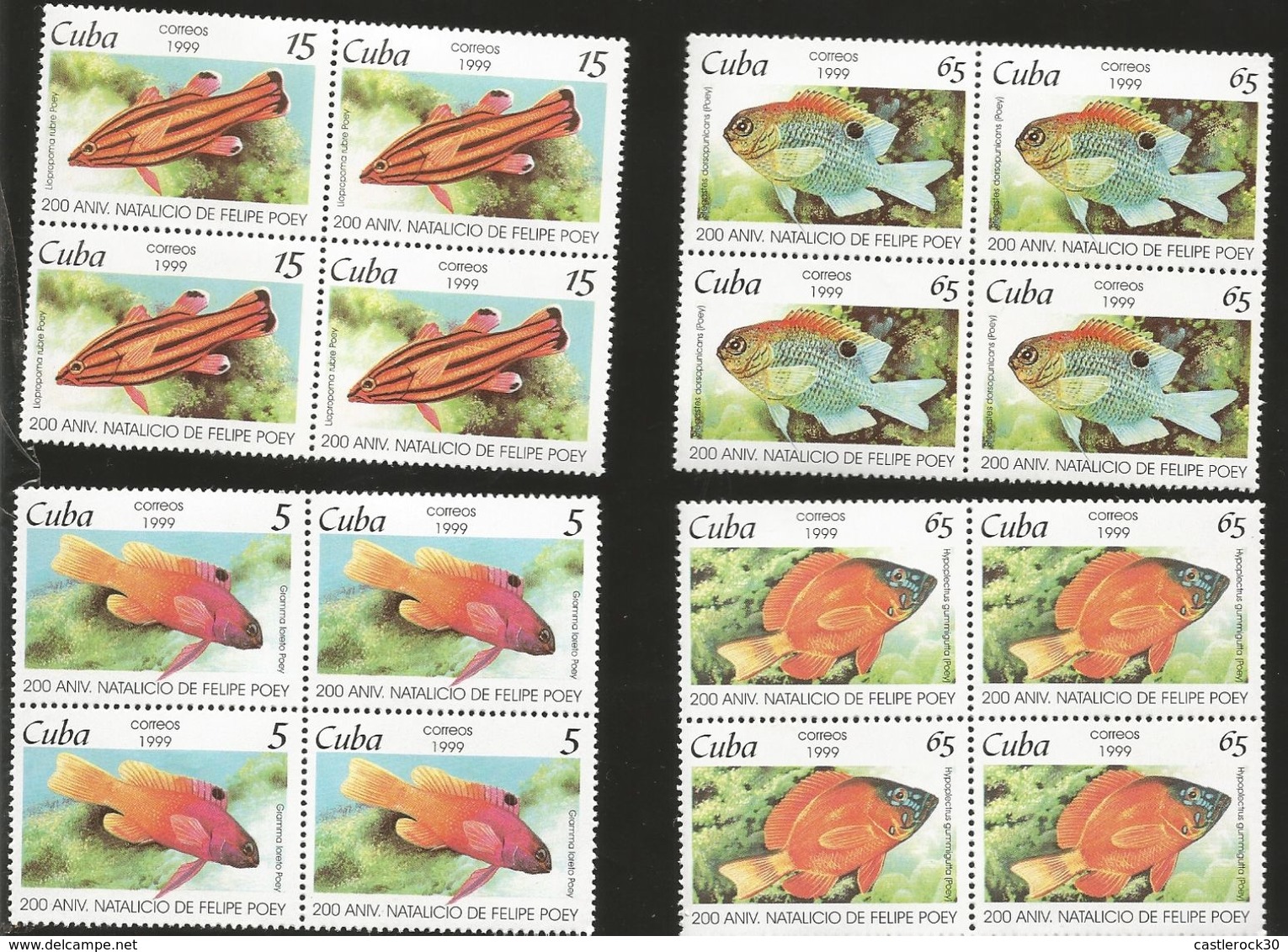 J) 1999 CUBA-CARIBE, 200TH ANNIVERSARY OF THE BIRTH FELIPE POEY'S , FISHES, SET OF 4 BLOCK OF 4 MNH - Lettres & Documents