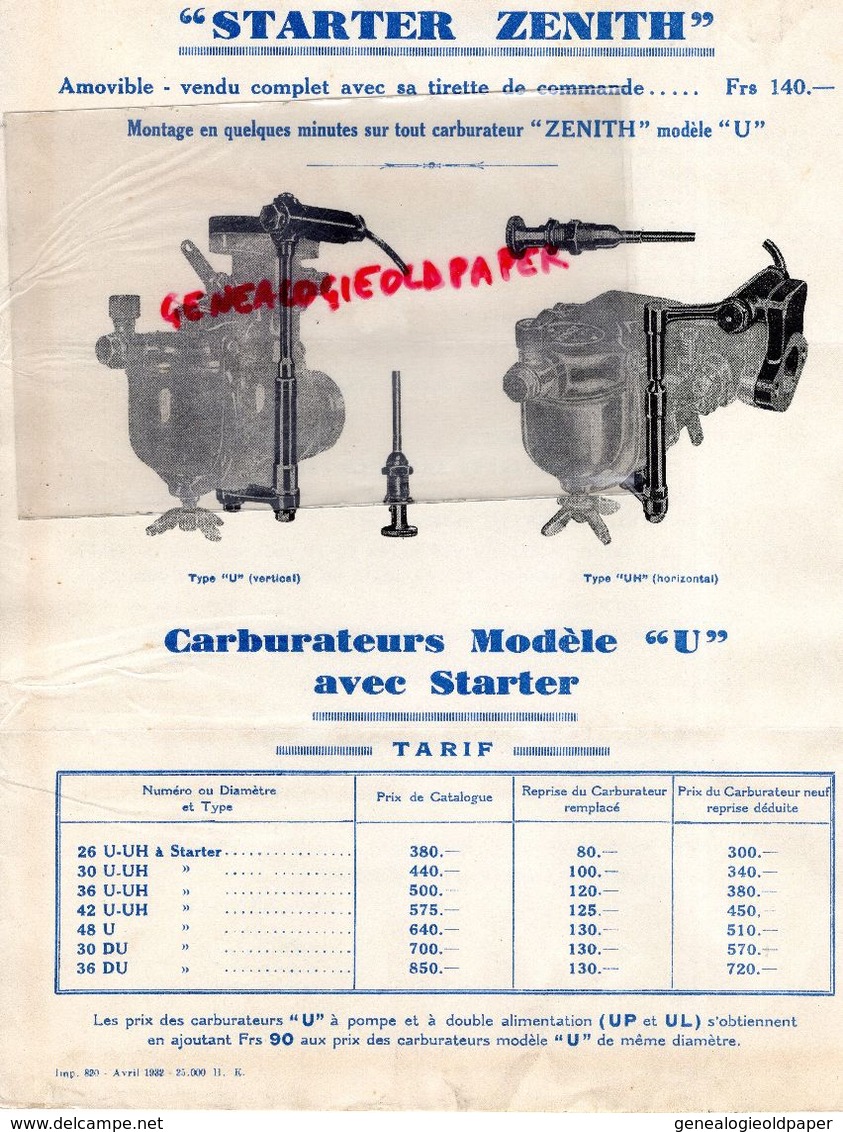 75- PARIS- USINE A LYON-RARE DOUBLE LETTRE CARBURATEUR ZENITH MODELE U AVEC STARTER -26 RUE DE VILLIERS- 1932- - Cars