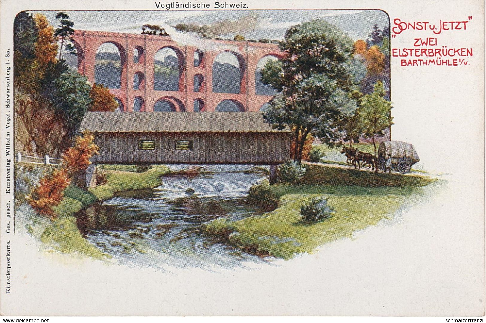 Litho AK Elstertalbrücke Sonst Jetzt Eisenbahn Barthmühle Pöhl Jocketa Trieb Liebau Steinsdorf Jössnitz Röttis Vogtland - Poehl