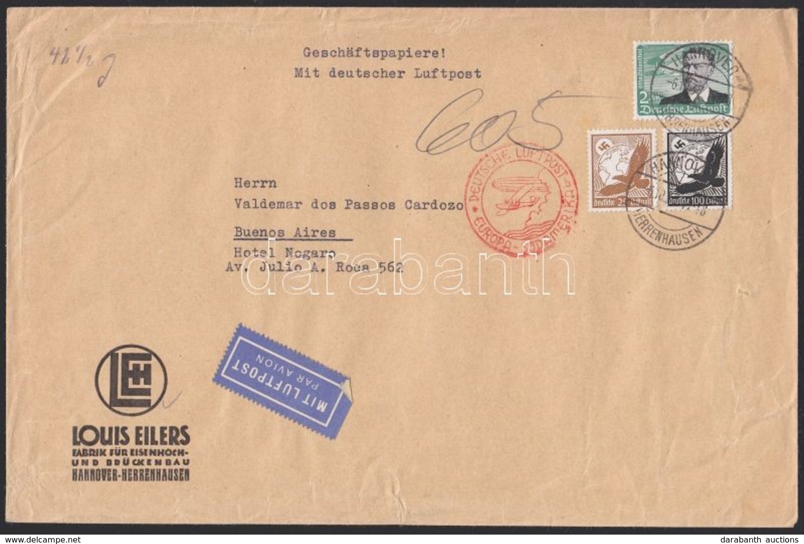 1937 Legi Level Argentinaba 3,25 RM Bermentesitessel / Airmail Cover To Argentina With 3,25 RM Franking - Other & Unclassified