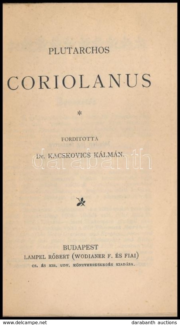 Plutarchos: Coriolanus. Forditotta: Dr. Kacskovics Kalman. Magyar Koenyvtar 346. Bp.,(1900), Lampel R. (Wodianer F. Es F - Unclassified