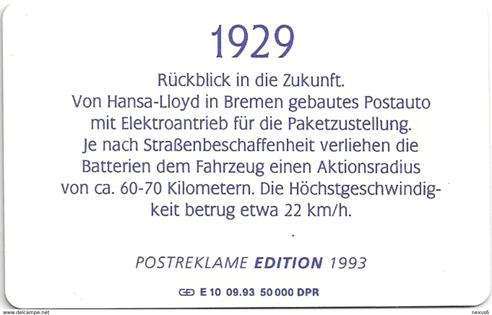 Germany - Historische Postautos 2 - Postauto Mit Elektroantrieb (1929) - E 10-09.93 - 50.000ex, Used - E-Series: Editionsausgabe Der Dt. Postreklame