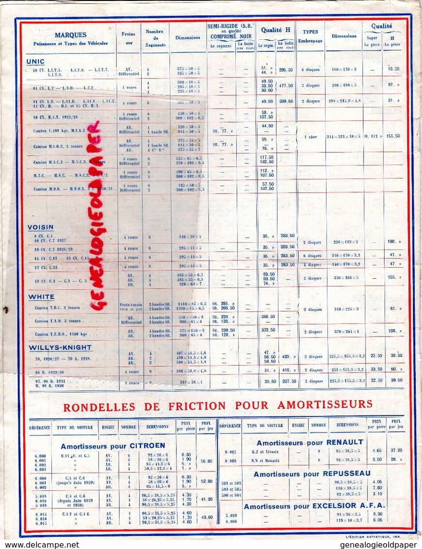 92- NEUILLY SUR SEINE- RARE CATALOGUE TARIFS FLERTEX-GARNITURES DE FREINS-1 JANVIER 1933- SALMSON-ROSENGART-STUDEBAKER-