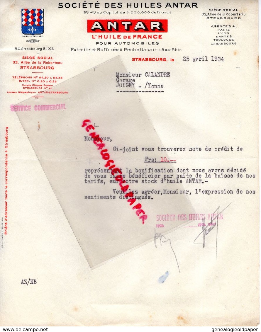 67- STRASBOURG- FACTURE HUILES ANTAR- HUILE AUTOMOBILES- AUTO- RAFFINEE A PECHELBRONN-32 ALLEE DE LA ROBERTEAU- 1934 - Cars