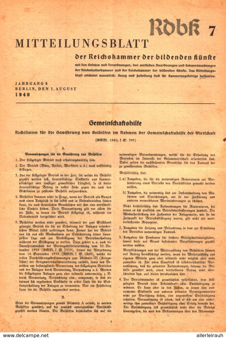 Mitteilungsblatt Der Reichskammer Der Bildenden Kuenste/Heft7: Gemeinschaftshilfe / Zeitschrift/1940 - Bücherpakete