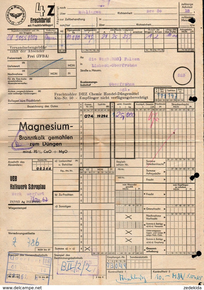 B2442 - Frachtbrief - Falken Limbach Oberfrohna Schraplau VEB Kalkwerk - Rechnung 1967 - Deutsche Reichsbahn - 1950 - ...