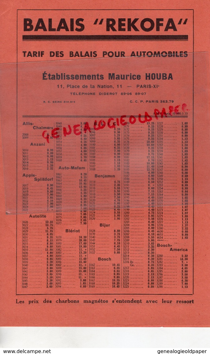 75- PARIS- RARE CATALOGUE ETS. MAURICE HOUBA- BALAIS REKOFA POUR EQUIPEMENTS ELECTRIQUES AUTOMOBILES-11 PLACE NATION- - Cars