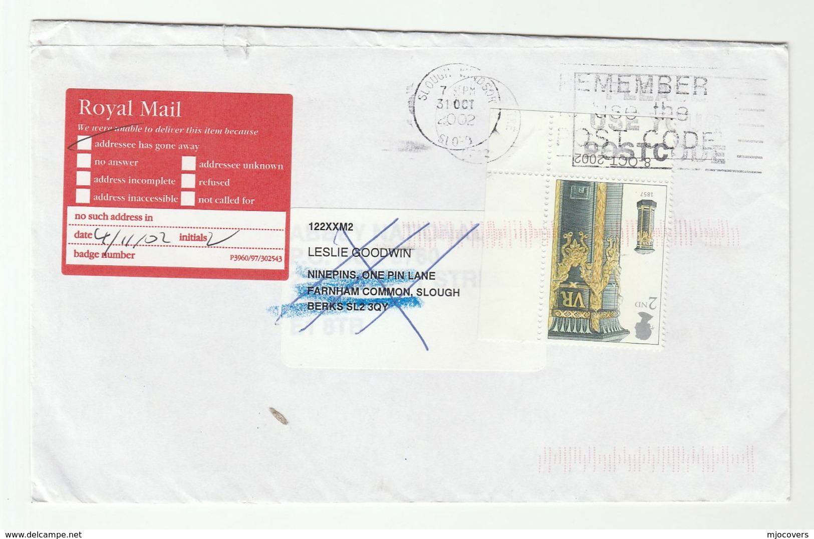 2002 GB COVER With Royal Mail   'ADDRESSEE GONE AWAY' LABEL Returned To Sender From Reading To Slough , Stamps - Briefe U. Dokumente