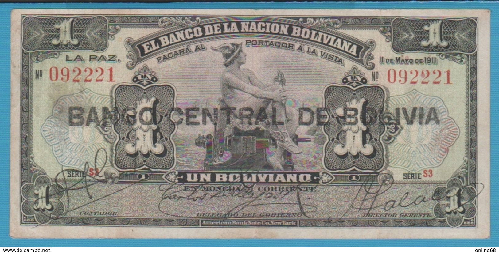 BOLIVIA 1 Bolivano 11.05.1911 (1929)	Série S3  092221 P# 112 - Bolivie