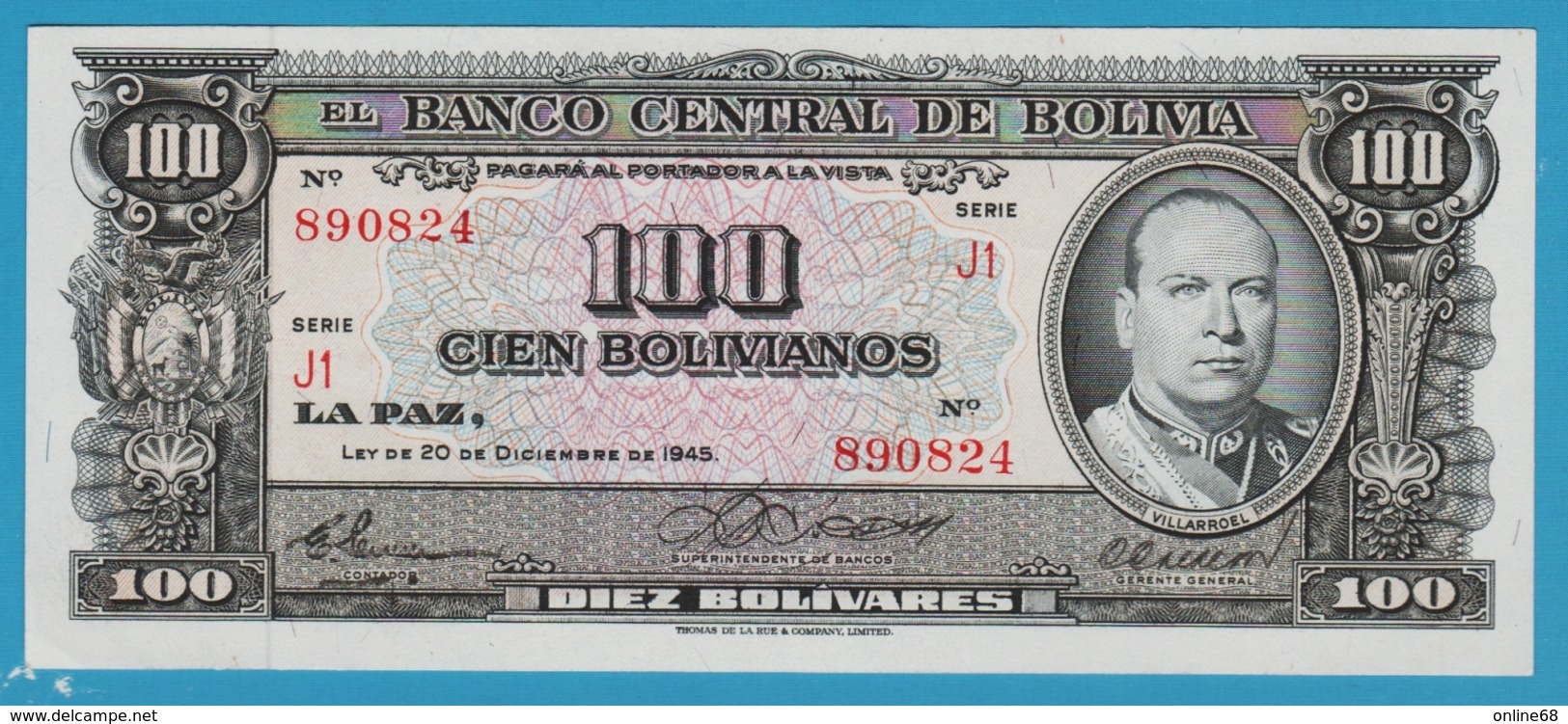 BOLIVIA 100 Bolivanos	L.1945	Série J1 890824 P# 147 - Bolivia