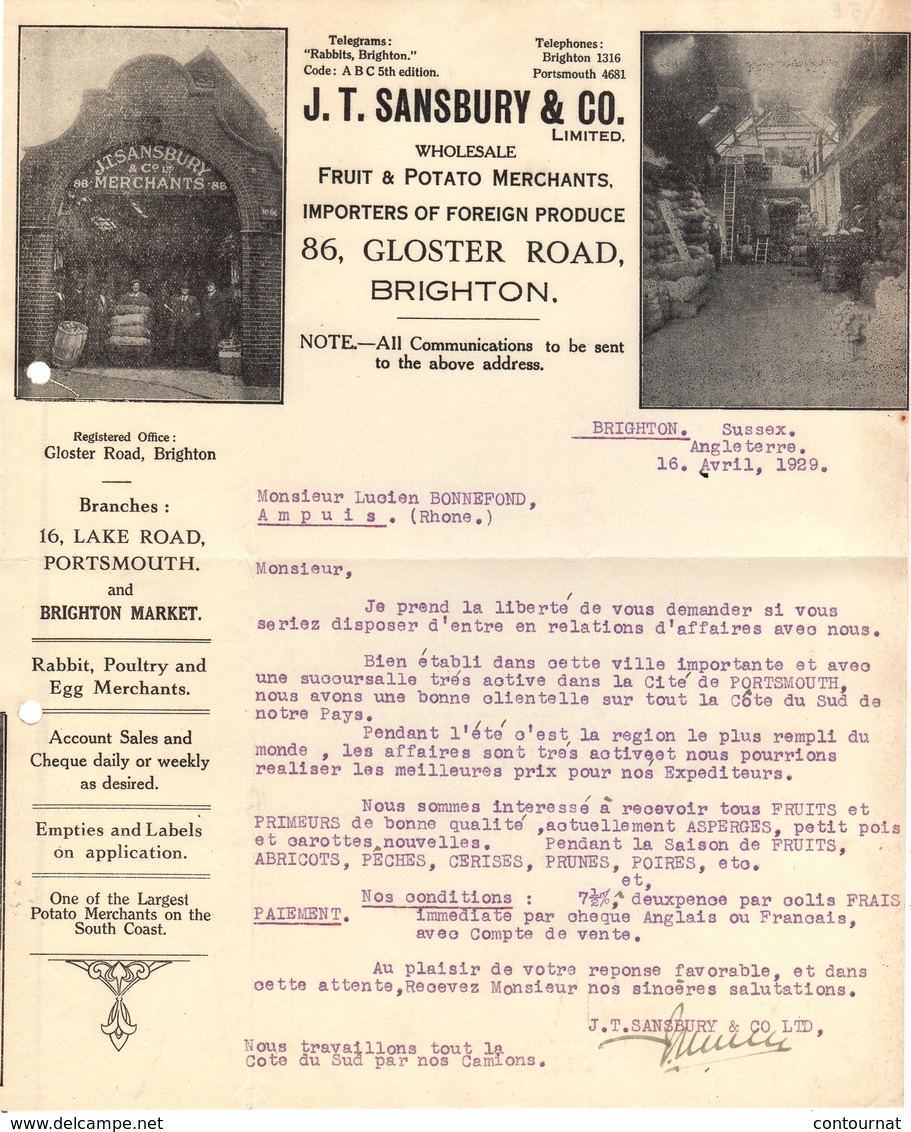 ANGLETERRE  BRIGHTON COURRIER 1929 Fruit & Potato Merchants SANSBURY    A23 - United Kingdom