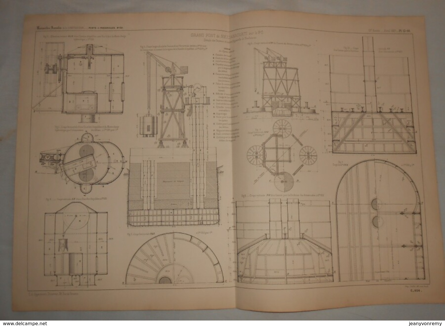 Plan Du Grand Pont De Mezzanacorti Sur Le Pô En Italie. Détails Des Caissons Et Appareils De Fondations. 1869 - Arbeitsbeschaffung