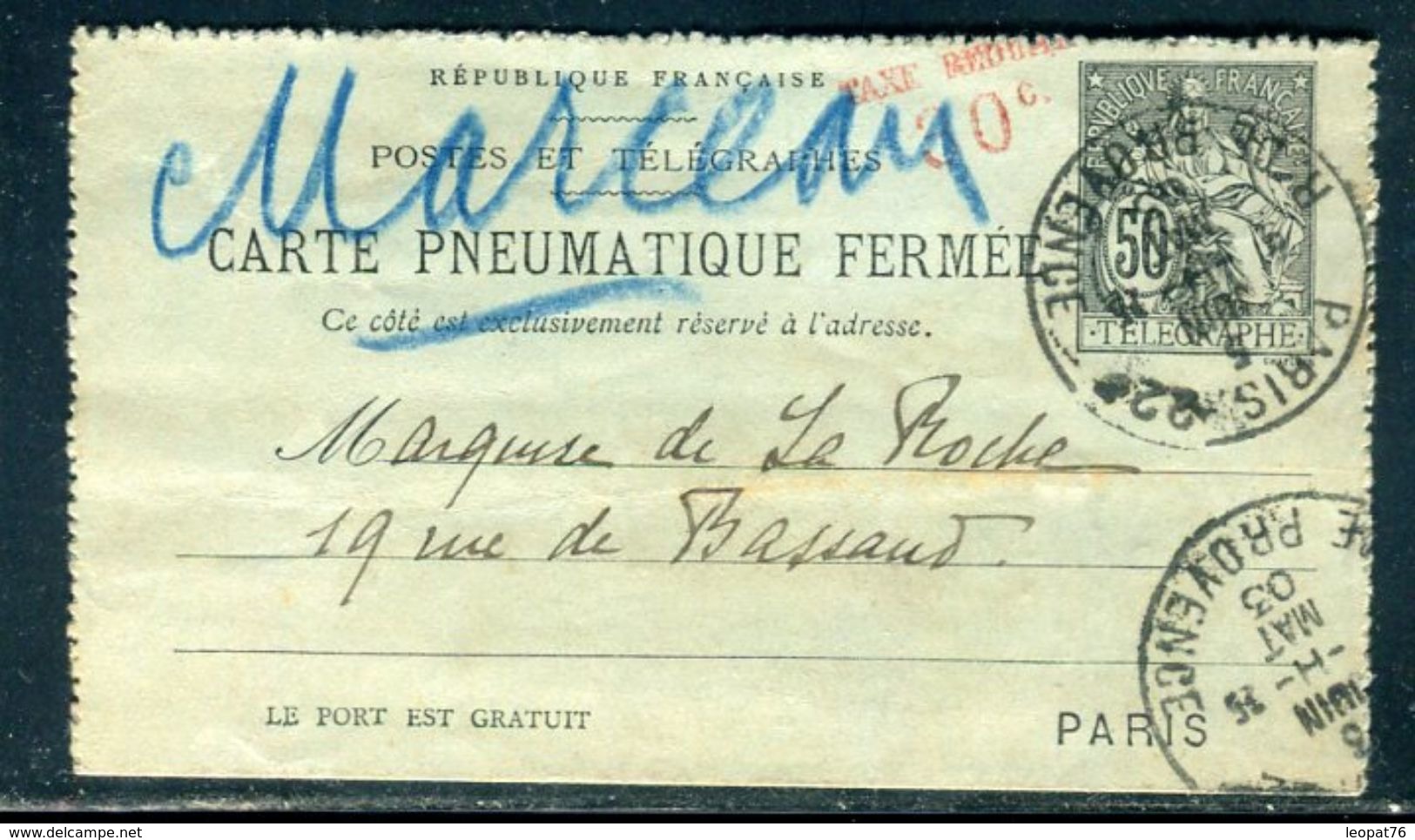 Carte Lettre Pneumatique Type Chaplain 50c Noir (date 128 ) Surchargé Sans Barres De Paris En 1903 - Ref M26 - Pneumatische Post
