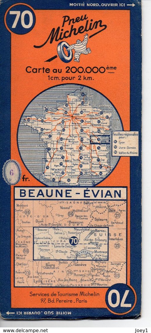 Carte Routière Michelin Numéro 70 Beaune Evian Année 1938 - Wegenkaarten