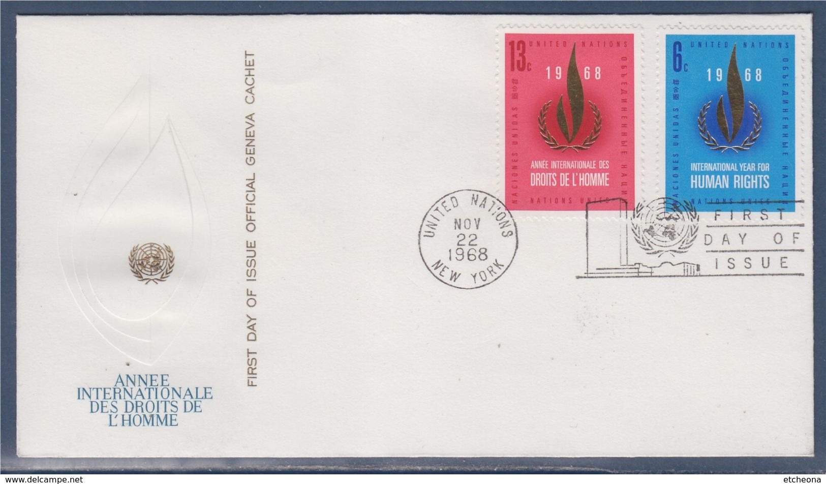 = Année Internationale Des Droits De L'Homme Enveloppe 1er Jour New-York 22.11.68 N°184 & 185 Emblème - FDC