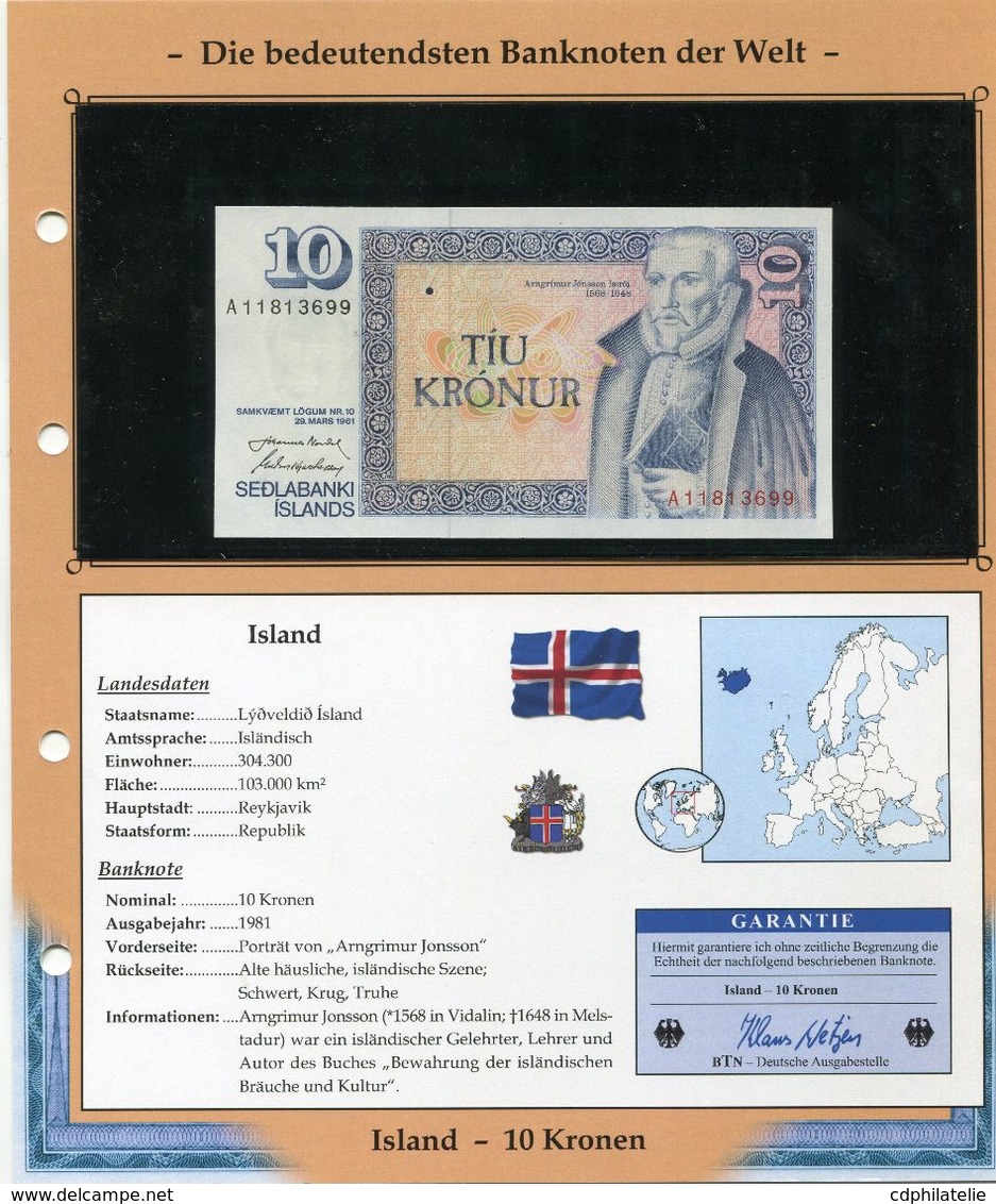 ISLANDE BILLET NEUF DE 10 KRONEN DE 1981 AVEC CERTIFICAT - Islande