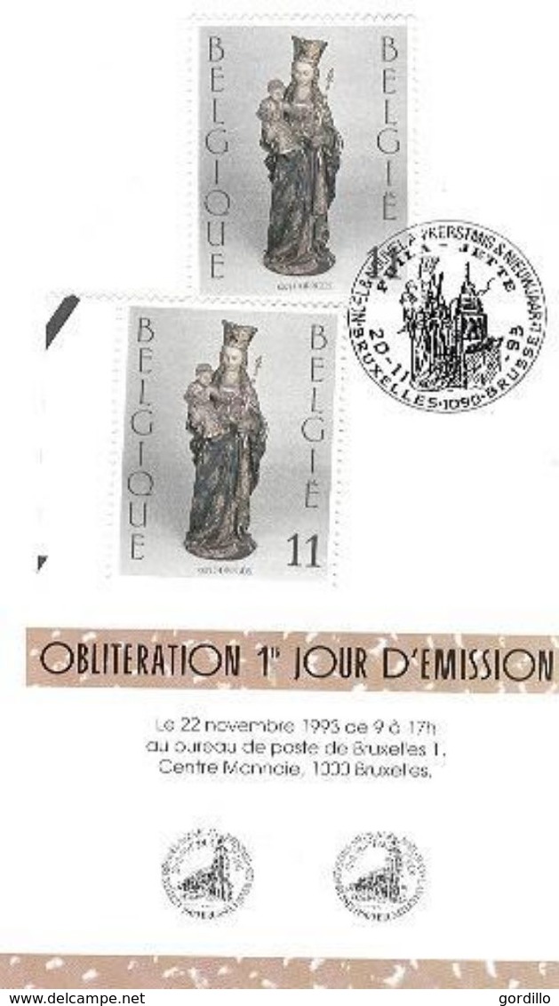 Sur Feuillet Poste Belge Notre Dame De La Chapelle Bruxelles 1 Timbre Neuf Collé Sur Bande + 1 Obl. 1er Jour. - 1991-2000