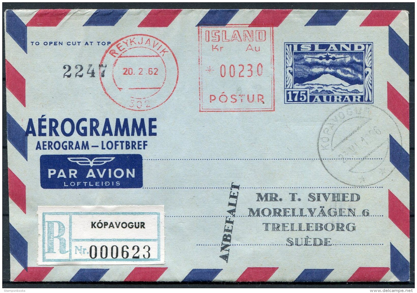 1962 Iceland Aerogramme, Aerogram, Loftbref. Reykjavik Postur. Kopavogur Registered - Lettres & Documents