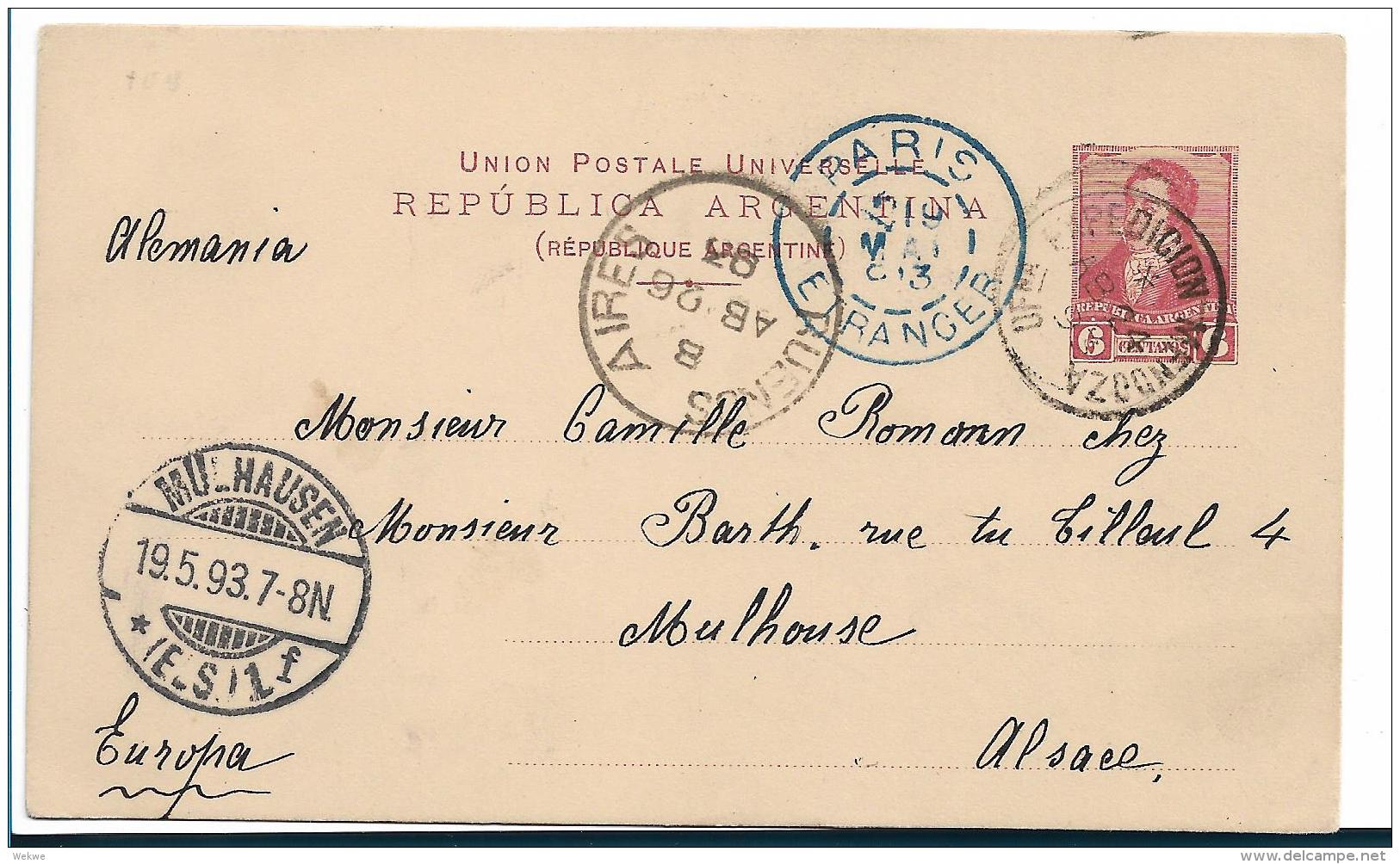 Arg147 -  ARGENTINIEN / Mendoza 1893 Nach Mühlhausen (Elsass) - Lettres & Documents