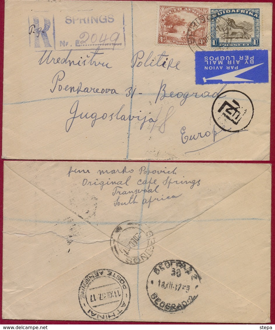 SOUTH AFRICA-GREECE-YUGOSLAVIA, REGISTERED AIRMAIL LETTER SPRINGS-ATHENS To BELGRADE 1937 RARE!!!! - Aéreo