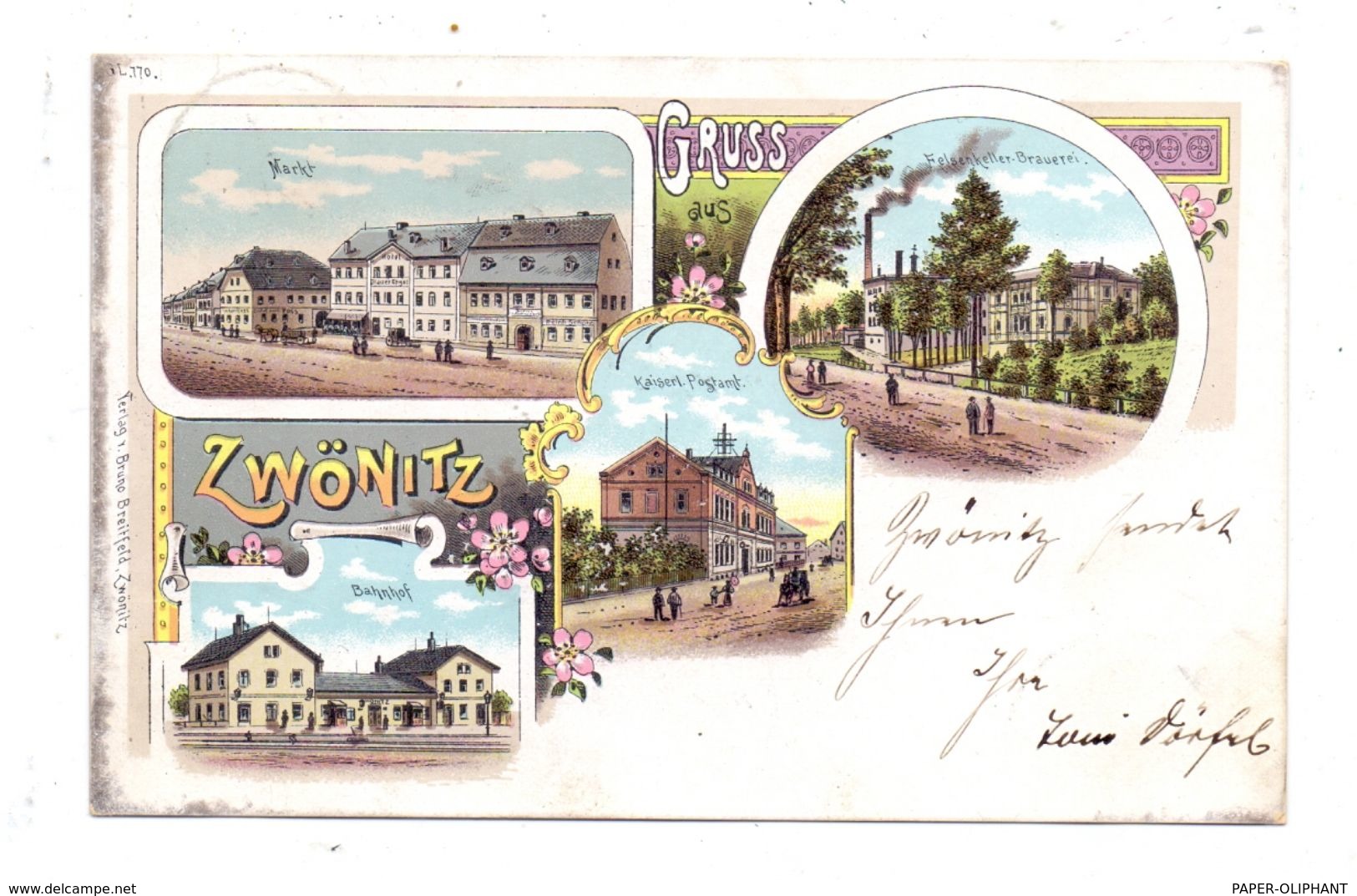 0-9417 ZWÖNITZ, Lithographie, 1900, Bahnhof, Markt, Postamt, Felsenkeller Brauerei - Zwoenitz